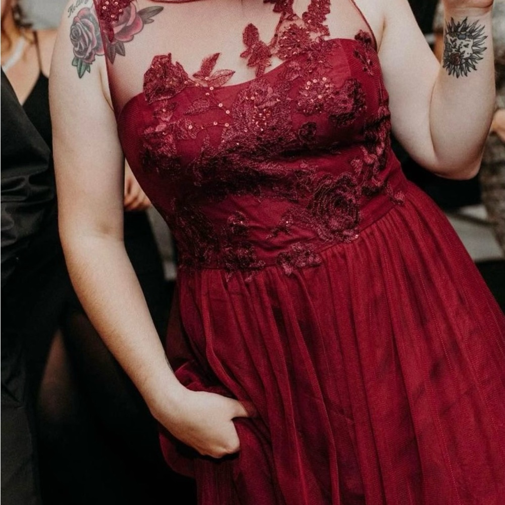 David’s Bridal dress. Size 14. No alterations. Wine color